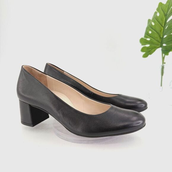 Paul Green Samona Pump Women 7.5 Black Leather Low Block Heel Round Toes Comfort - Picture 1 of 16